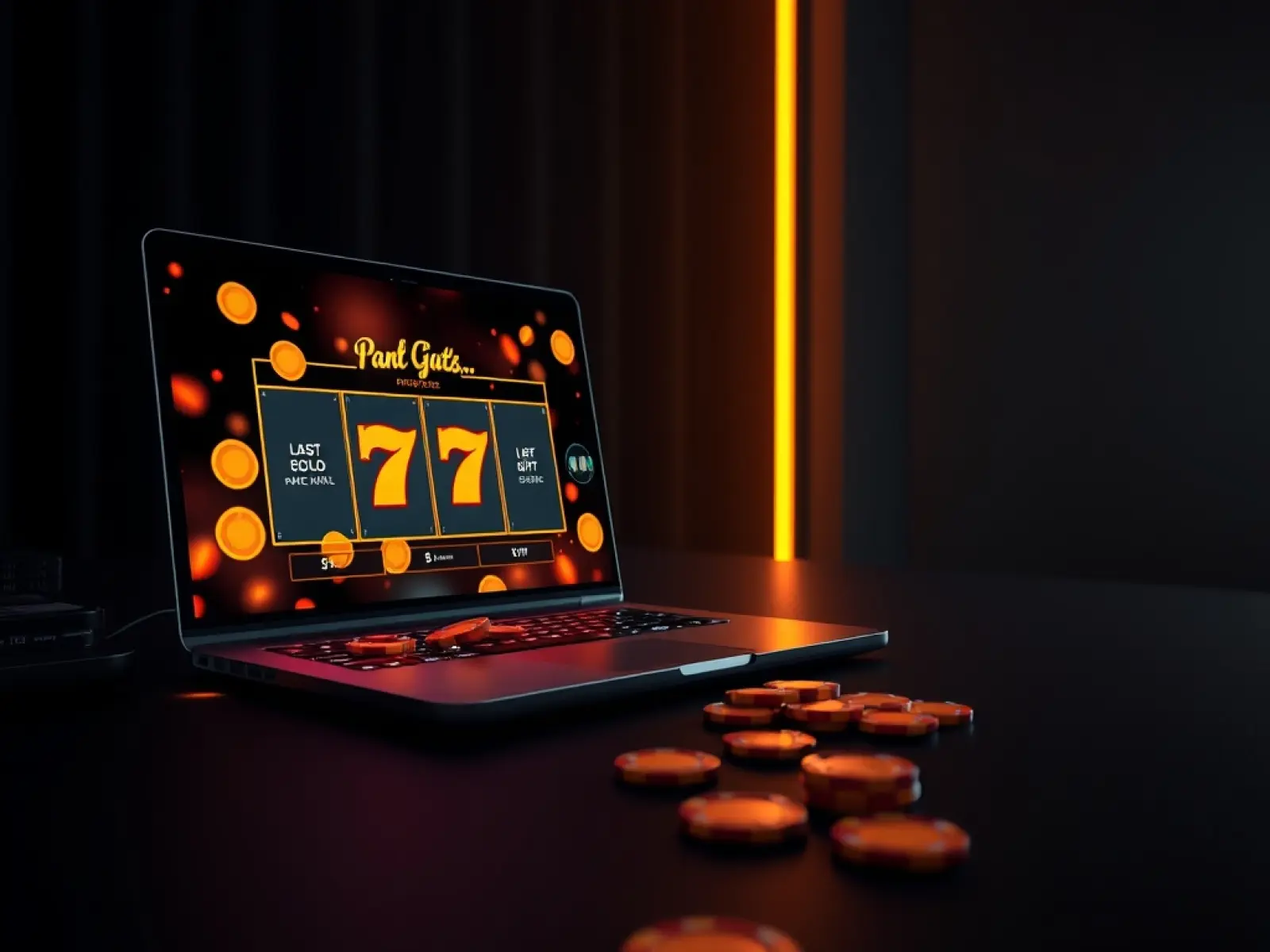 Laptop z bębnami slotów i żetonami na ciemnym blacie